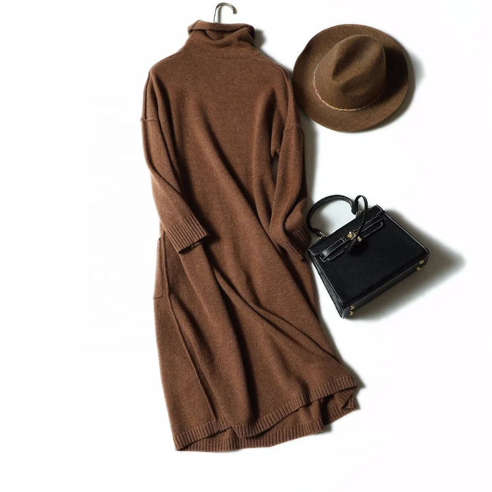 Winter fashion turtleneck warm cashmere sweater turtleneck dress long sleeve knit dress for women
