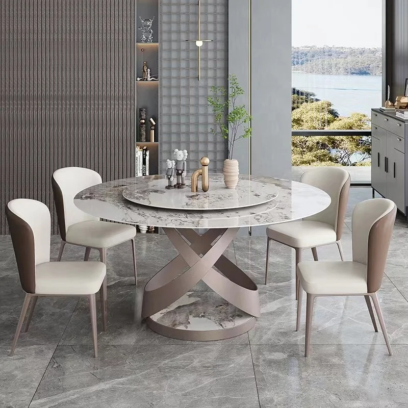Modern design Italian carbon steel leg rock plate round table sintered marble table with 6 dining chairs