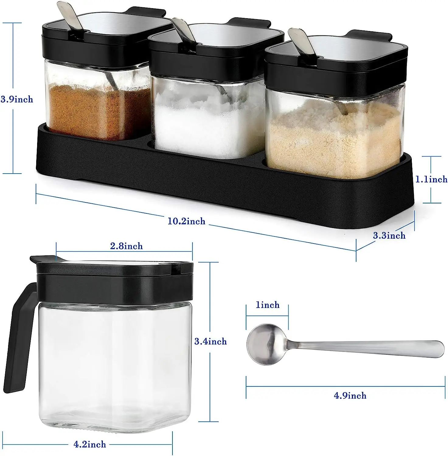 Condiment Jar Spice Container with Lids and Spoons 8oz Clear Glass Condiment Canisters Pots Seasoning Box Salt Container Sugar