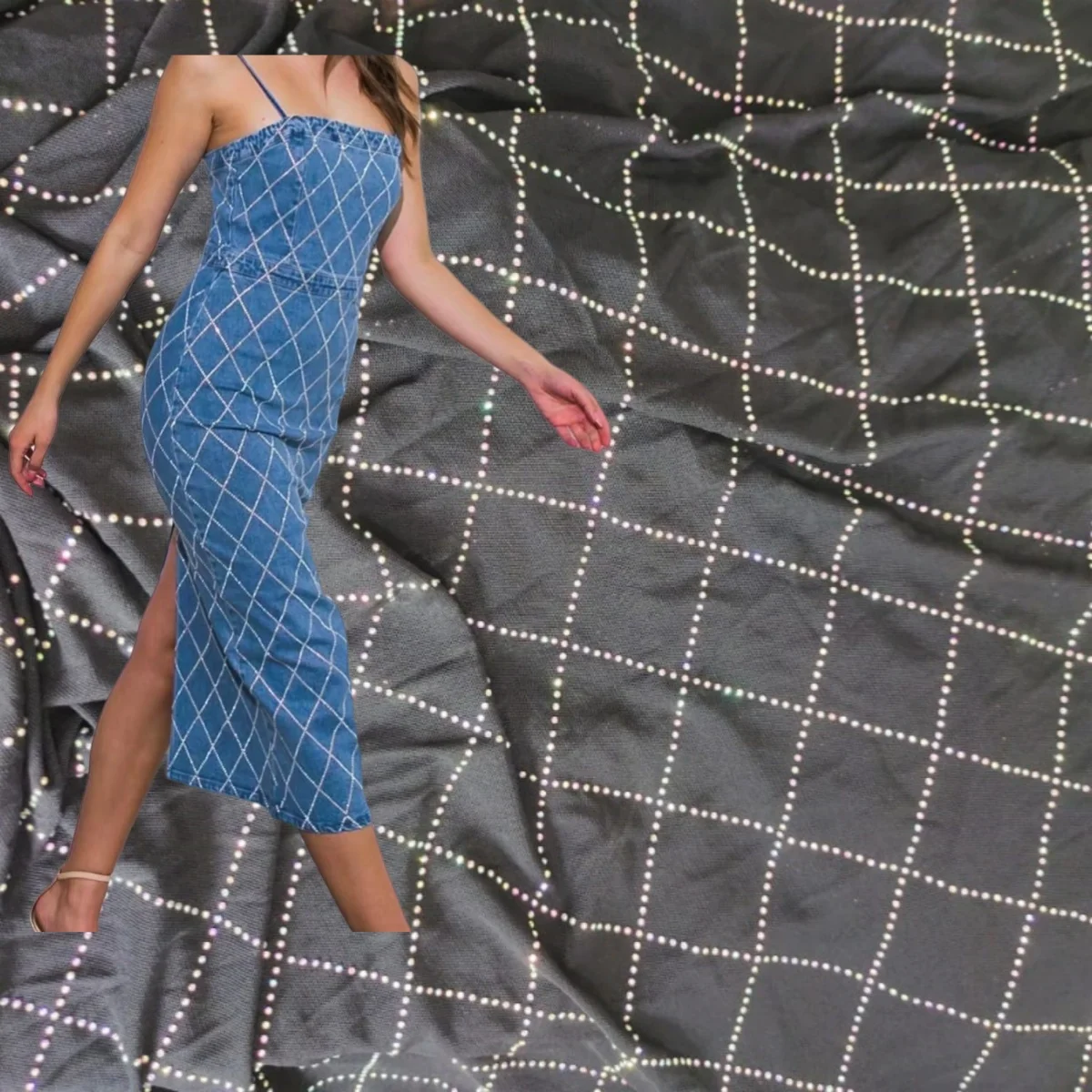 Soft Elastic Mesh Fabric  Spliced Black AB Color Diamond Rhinestone Fabric Rhomboid Network Fishnet Cloth