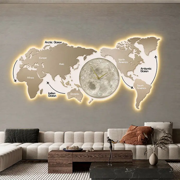 Modern Home decor World Map Wall Art with led lights Simple living room decor led light painting with clock