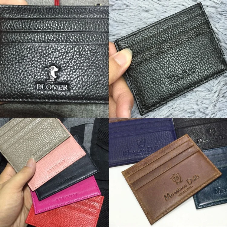 Black real leather name card holder with custom embossed logo