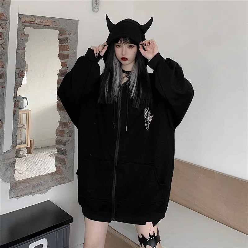FH453 New Diablo Little Devil Hooded Winter Full Zipper Hoodie Coat Women Loose Black Cardigan Ear Sweatshirt Jacket Female
