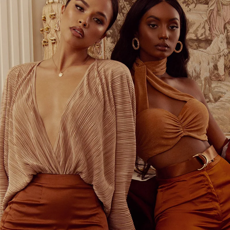 Pleated Loose V-neck Long Sleeve Sexy Lingerie Bodysuit for Women