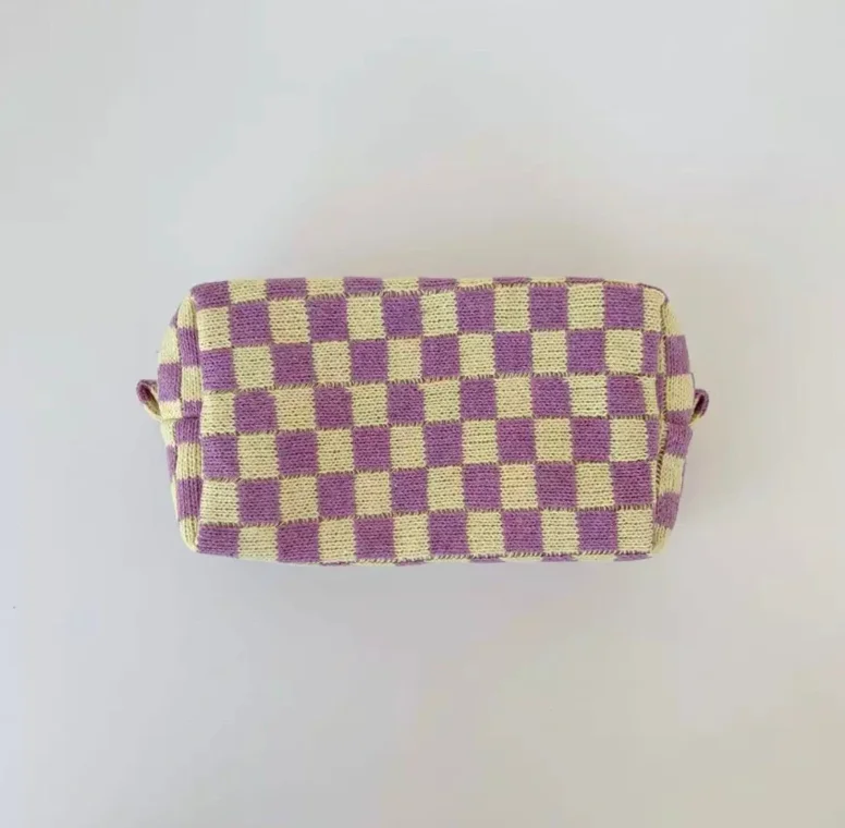 Personalized Chenille Patch Checkered Cosmetic Bag Checker Travel Makeup Bag