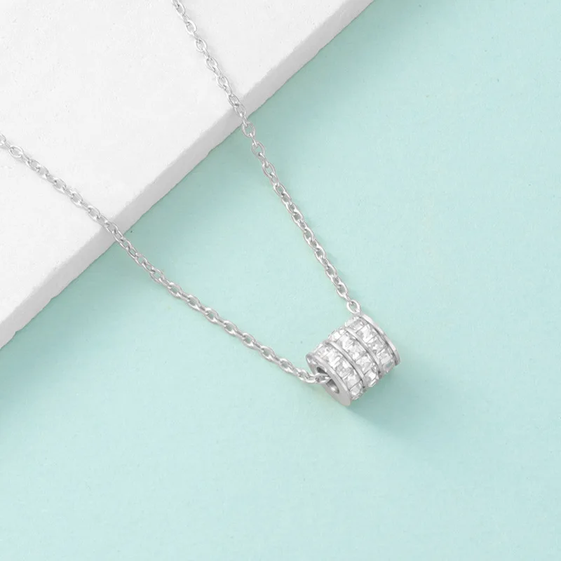 Elegant Stainless Steel  with Crystal Embellished Barrel Pendant Necklace Dainty Chain Jewelry for Women