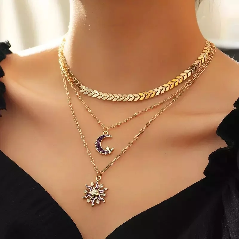 Wholesale Gold Plated Bohemian Vintage Multi Layer Sun and Moon Necklace for Women