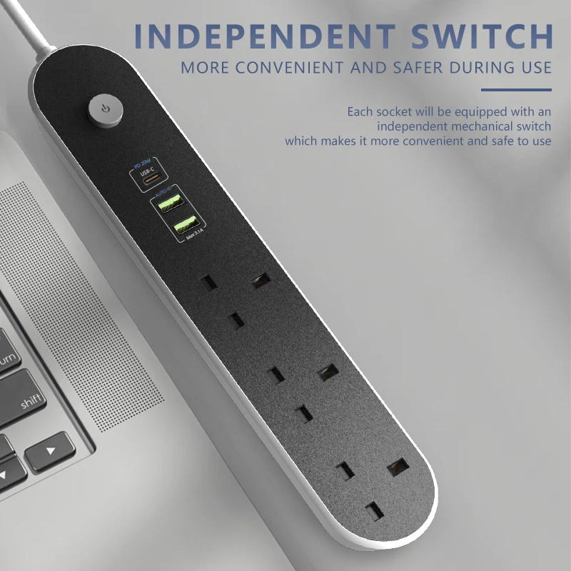 British Multifunctional USB Power Strip Type C PD Quick Charger Surge Protector Extension cord 3outlets Socket 2M Copper UK Plag