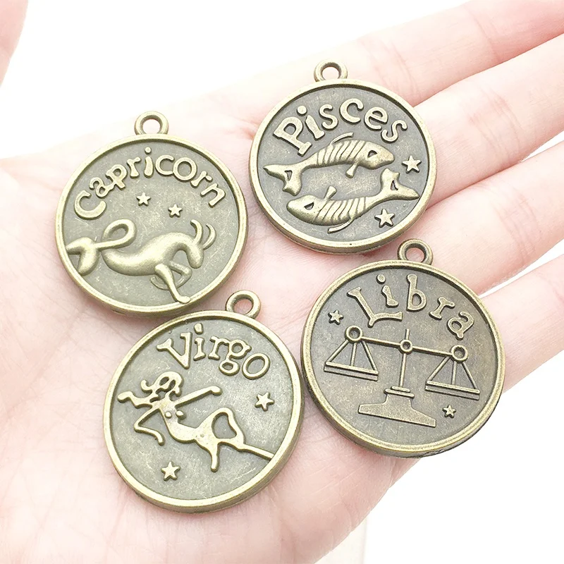 Fashion jewelry with the signs of zodiac 12 constellations metal charms antique bronze plated pendent for DIY 25mm glass stone