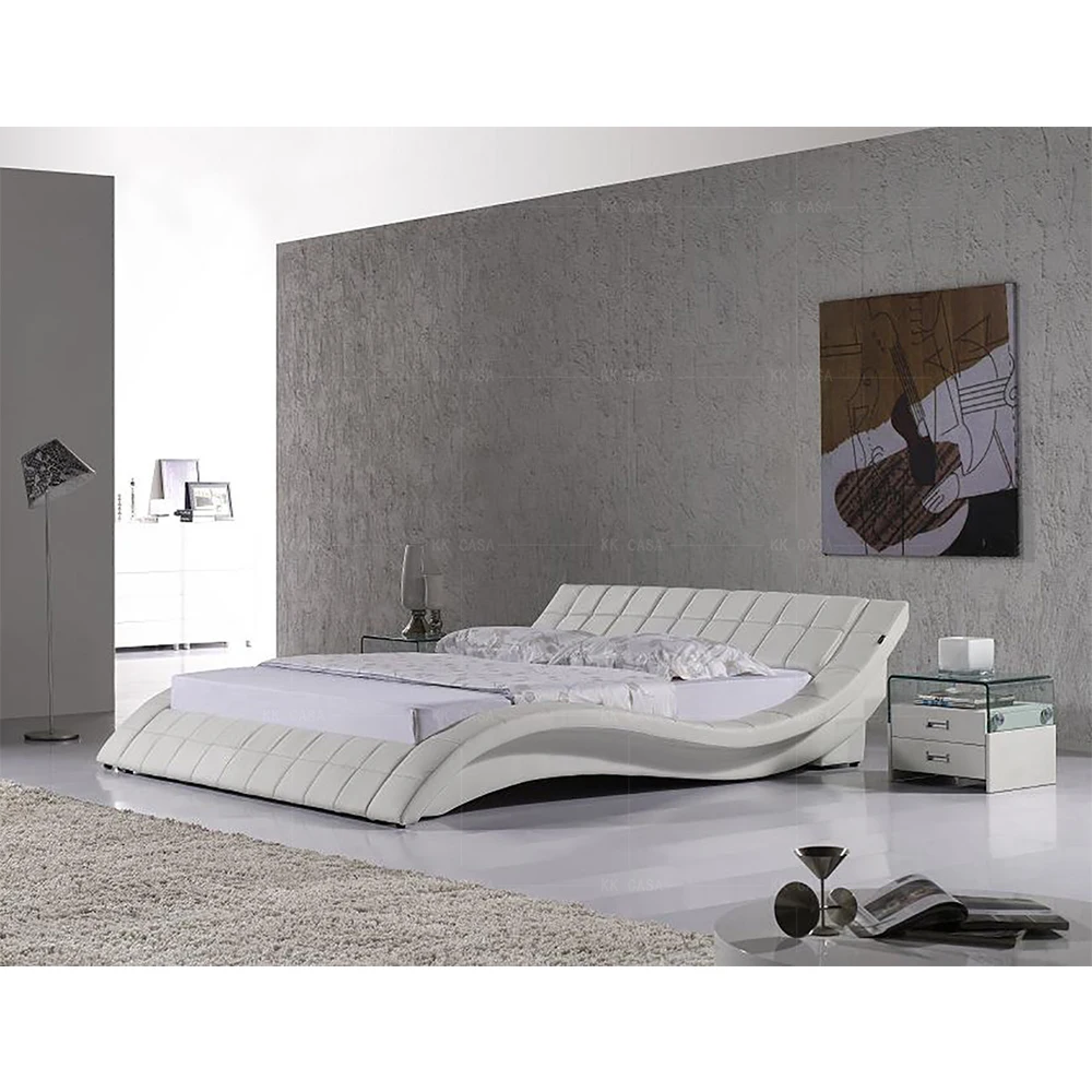Competitive Price morden queen size Genuine leather wave shape double bed for bedroom furniture