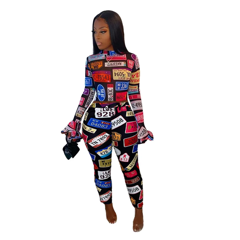Женская одежда в европейском и американском стиле, облегающий костюм с принтом номерного знака, комплект из двух предметов