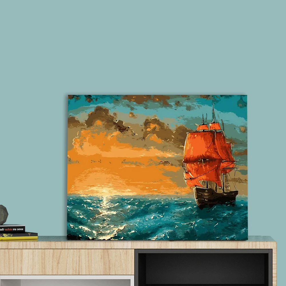 Modern Design sailboat sailed on the sea at sunset diy oil painting by numbers