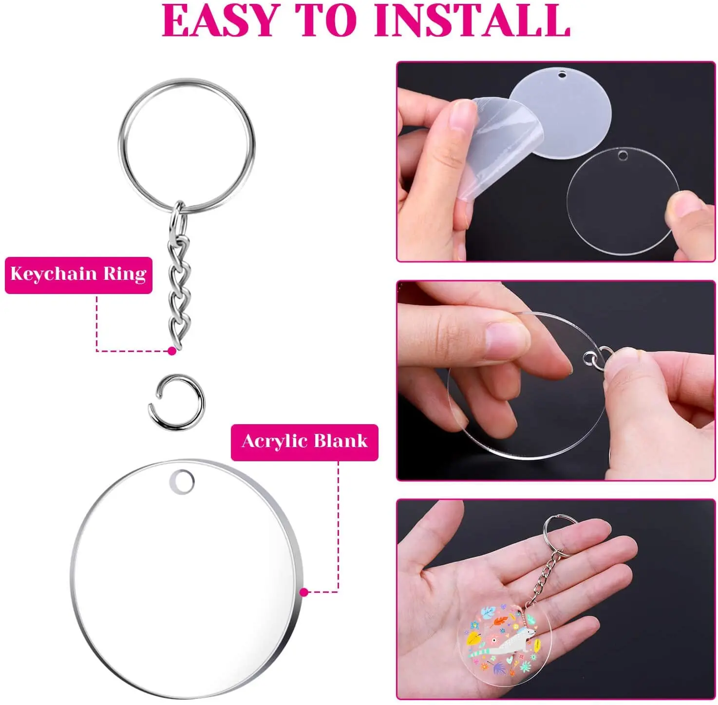 Sublimation Blanks Keychain Acrylic Transparent Circle Blanks DIY Key Chain Tassels Set