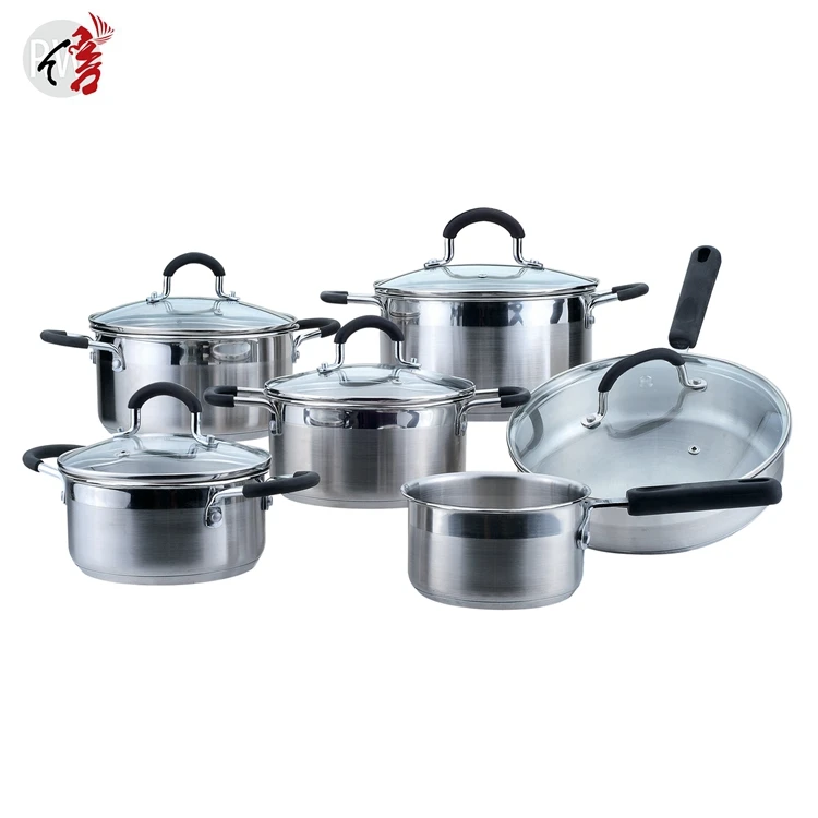 eco-friendly swiss line kitchen 12 pcs stainless steel cookware cooking sample pots and pans set