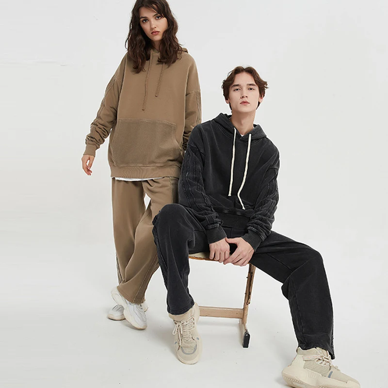 Mens High Street Fashion Brand Loose Stitching Distressed Wide-leg Trousers Washed Casual Heavyweight  Straight Leg Sweatpants