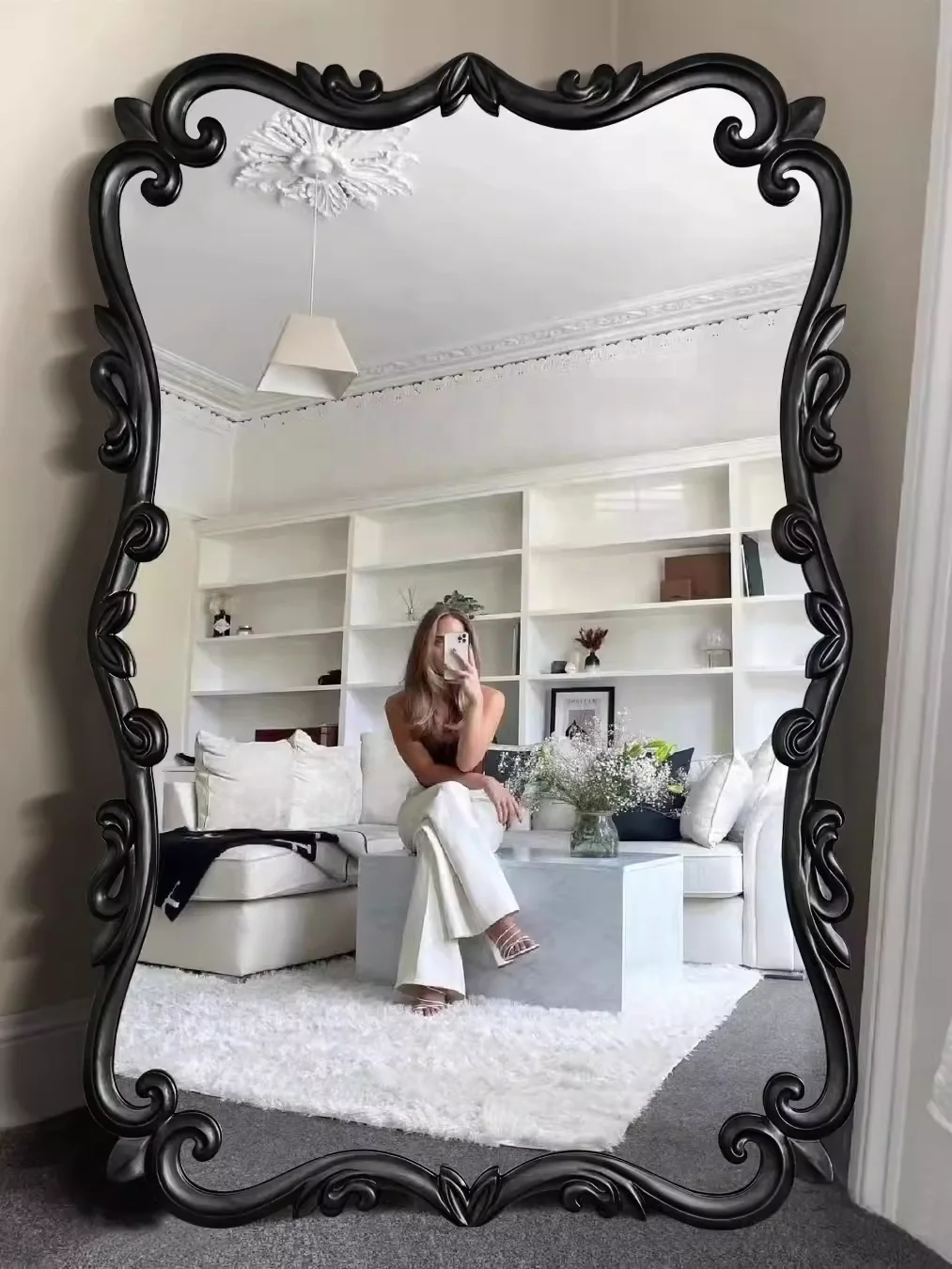 French Vintage European Style Fitting Mirror Full Body Dressing Mirror Arched Carved Home Bedroom Wall Mounted Floor Mirror