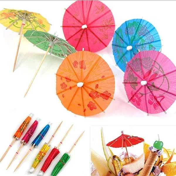 Classic Style 4 Inch Hawaiian Tropical Parasol Cupcake Toppers Multi Color Drink Umbrella Party Picks