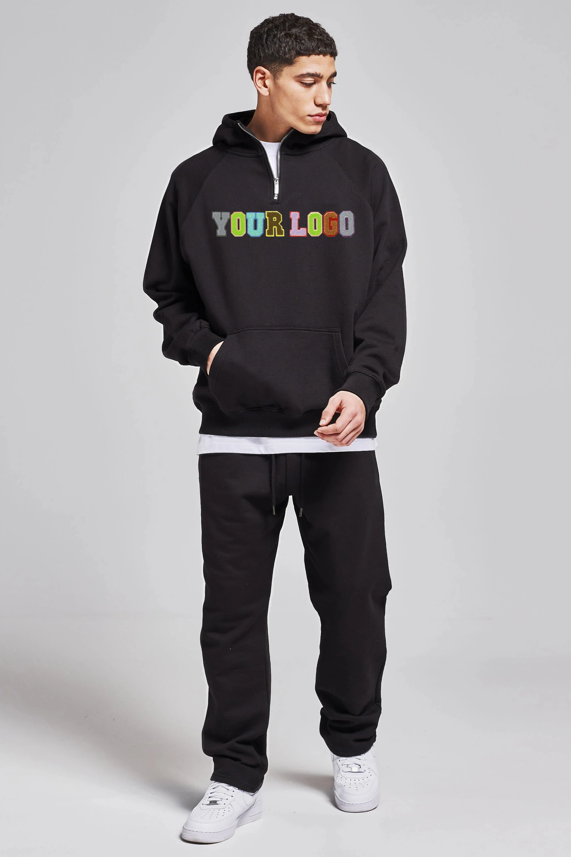 Popular Streetwear Fleece Heavy Hoodie Custom Logo No String Unisex Chenille Patch Quarter Zip Jumper