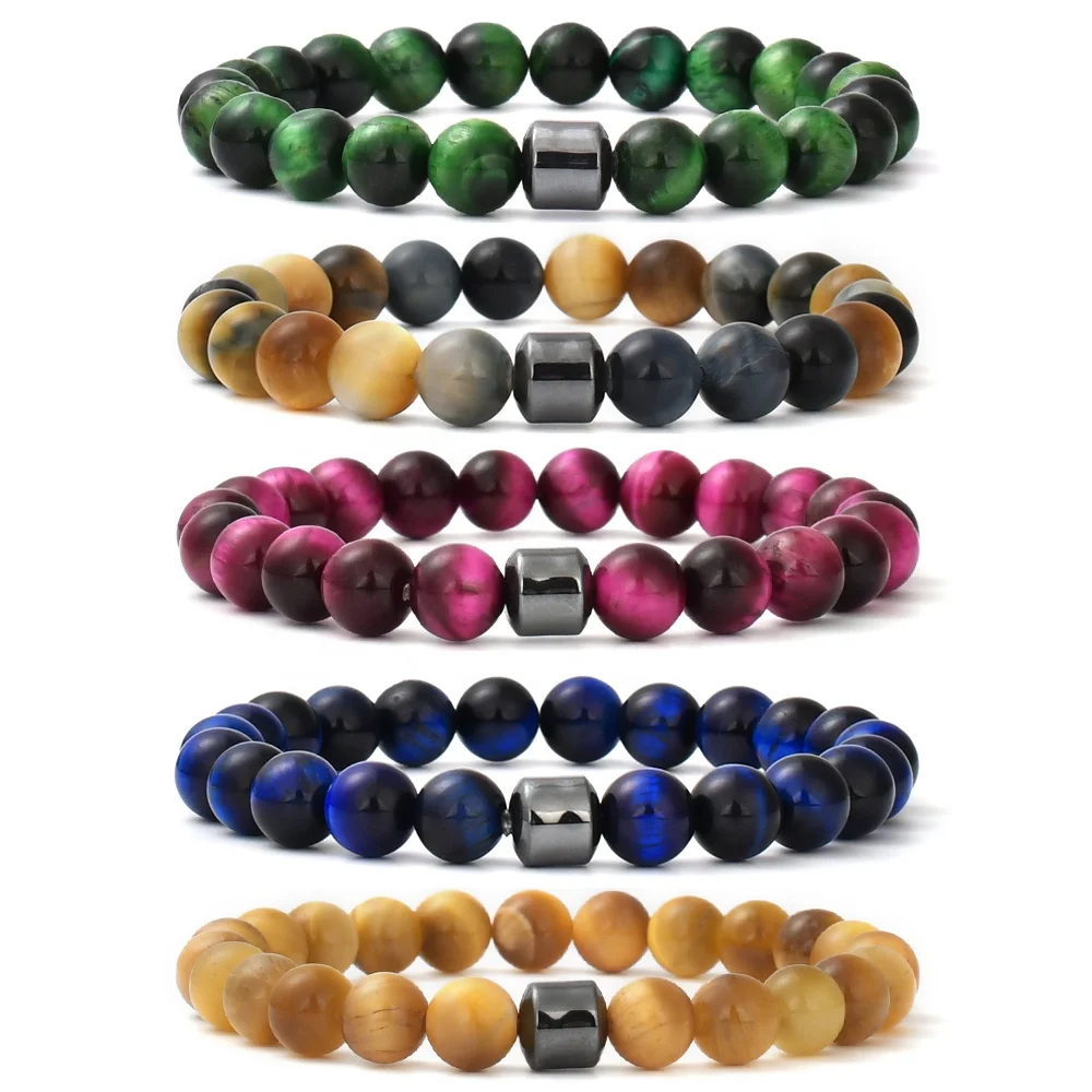 F538 Hot quality agate tiger Eyepurple chalcedony  Hematite natural stone bracelet jewelry couple  bracelet