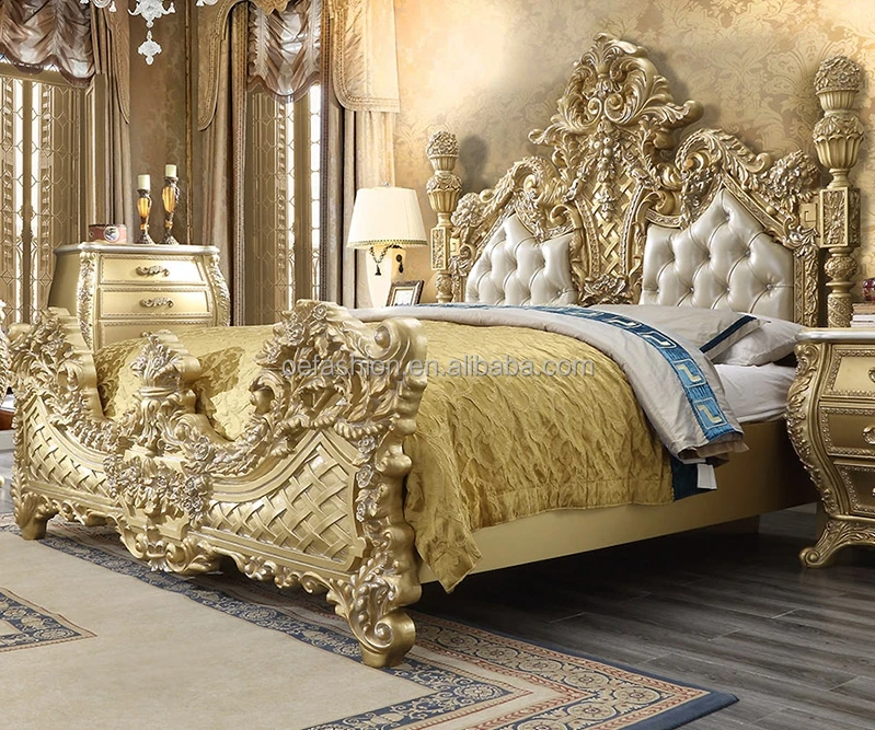 OE-FASHION индивидуальные Италия Rococo дома мебель для спальни Роскошная прочная резьба по дереву кровать классический золотой набор мебели