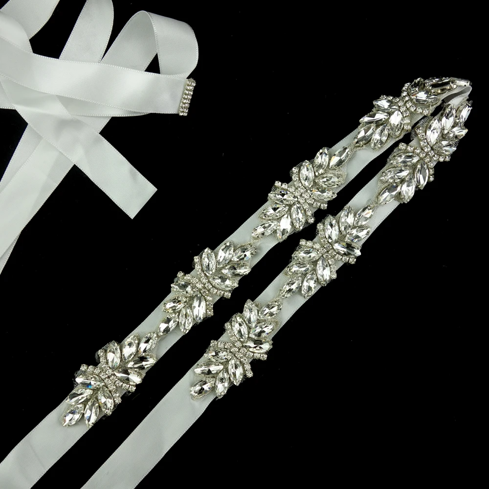 unique leaves design handmade clear crystal ribbon tie-up sash belt wedding dress belt rhinestone sash belt