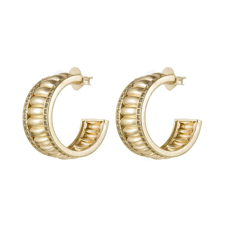 Fashion Zircon Gold Plated Stud Hoop Earring C shape Hollow Jewelry Women copper metal Earrings