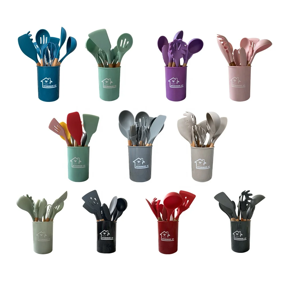 Non Toxic 12 pcs Cooking Tools Kitchenware Cocina Spatula Silicone Kitchen Utensils Set With Wooden Handles