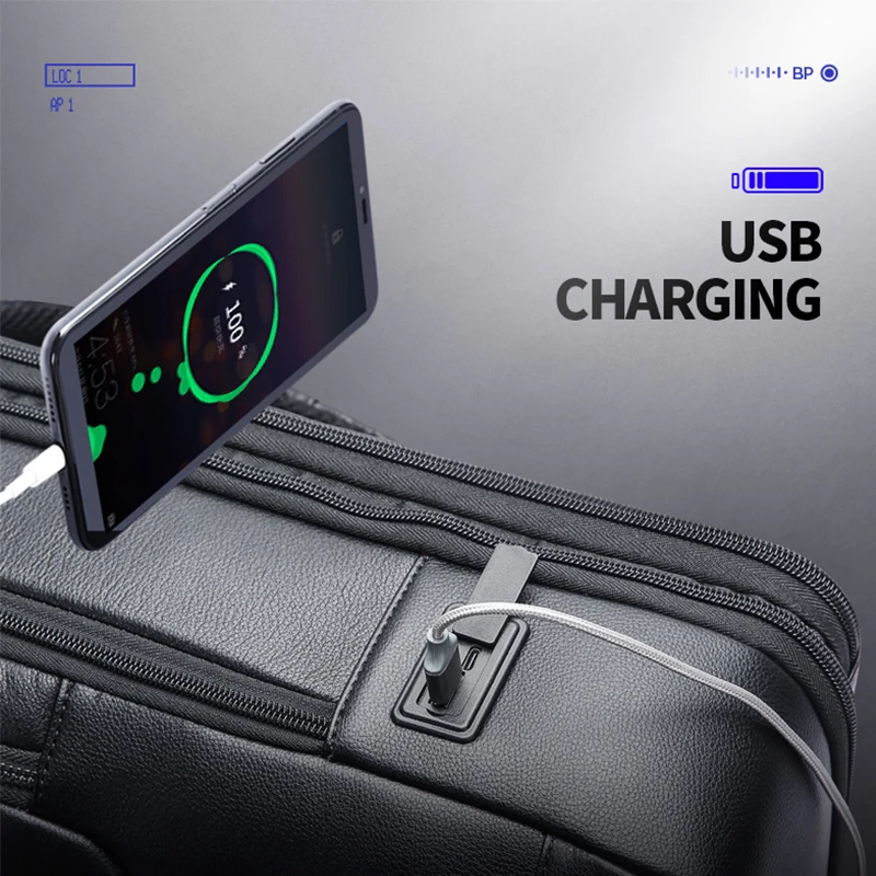 BOPAI BSCI Cowhide Men USB Charging Laptop 15.6 Inch Business Travel Expandable Anti Theft Custom Genuine Real Leather Backpack