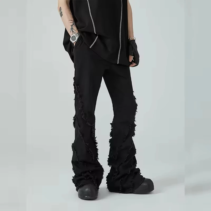 Custom quality stylish street straight leg patchwork youth black jeans Hip Hop rock personality style