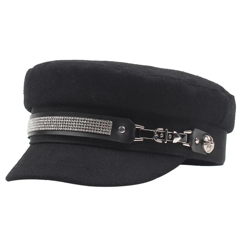 Baker Boy Hat PU Leather Belt  Hat Spring Sailor Hat for Women Black Flat Top Drill Captain Cap