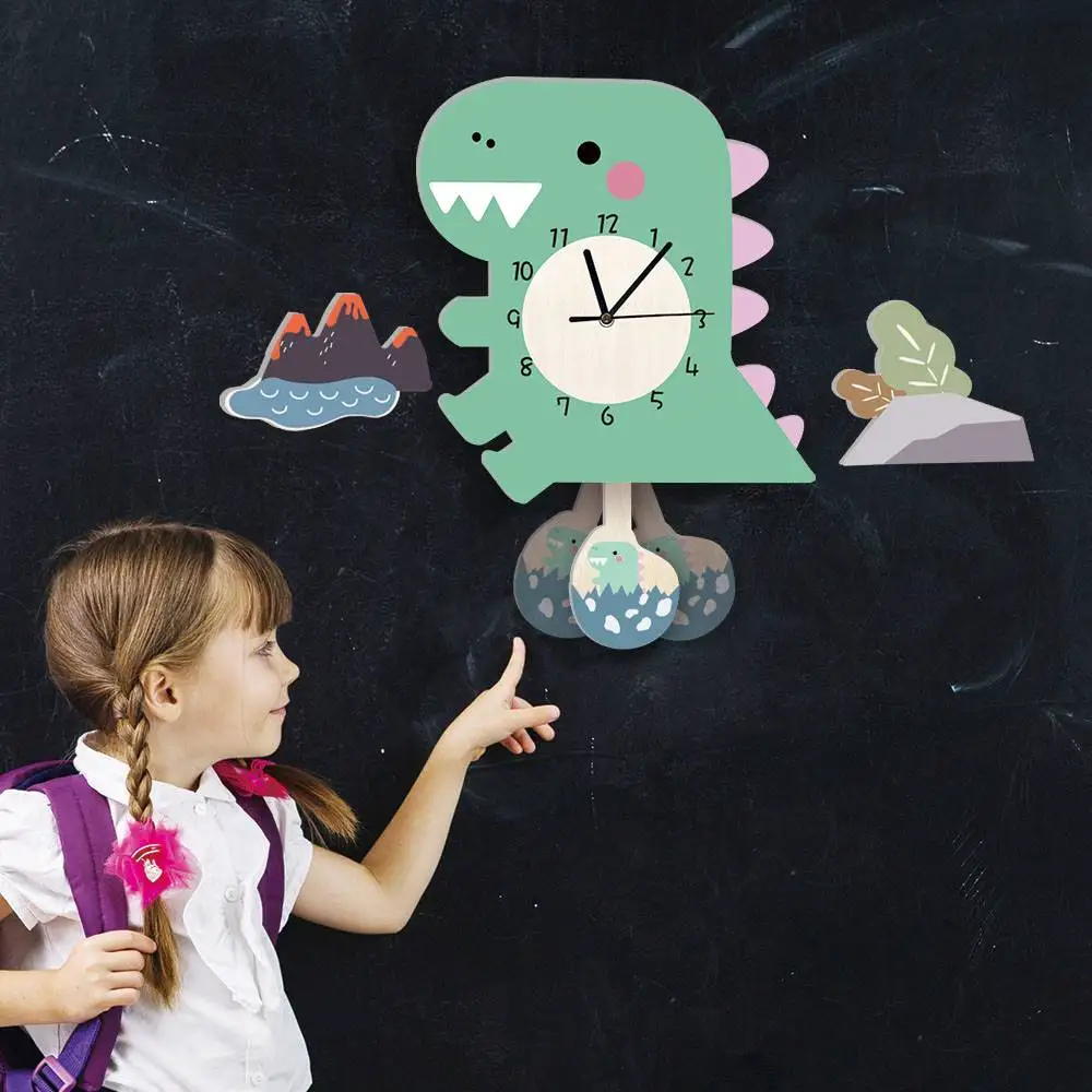 Funlife UWC014 Cartoon Wooden Wall Clock Non-Ticking Silent Animal Clock Green Dinosaur Wall Clock