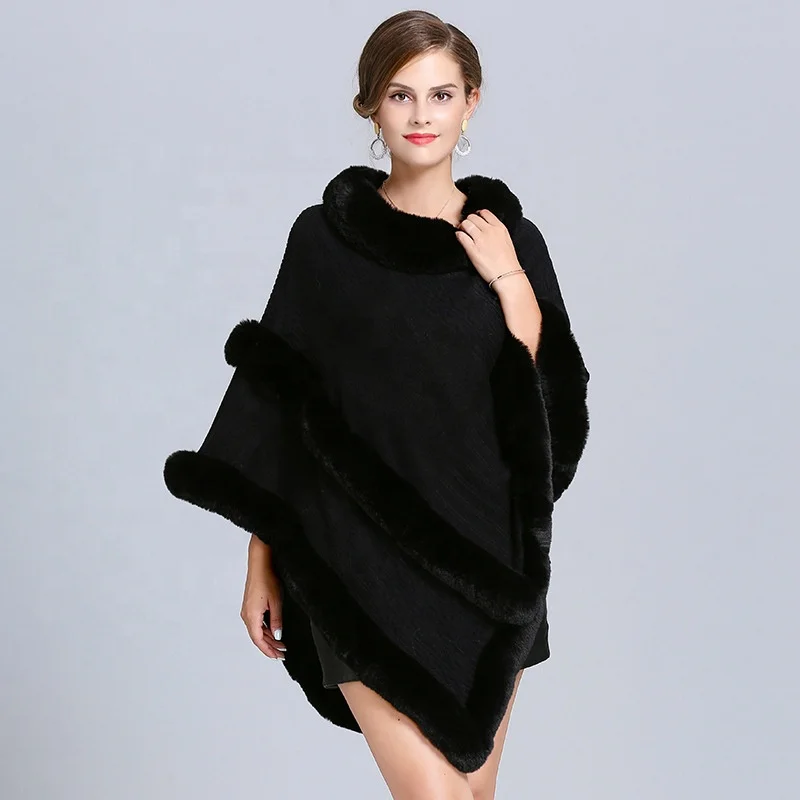 
2021 Winter Faux Fox Fur Out Street Solid Poncho Knitted Triangle Fur Sweater Plus Size Pullover Winter Poncho For Women Cape 