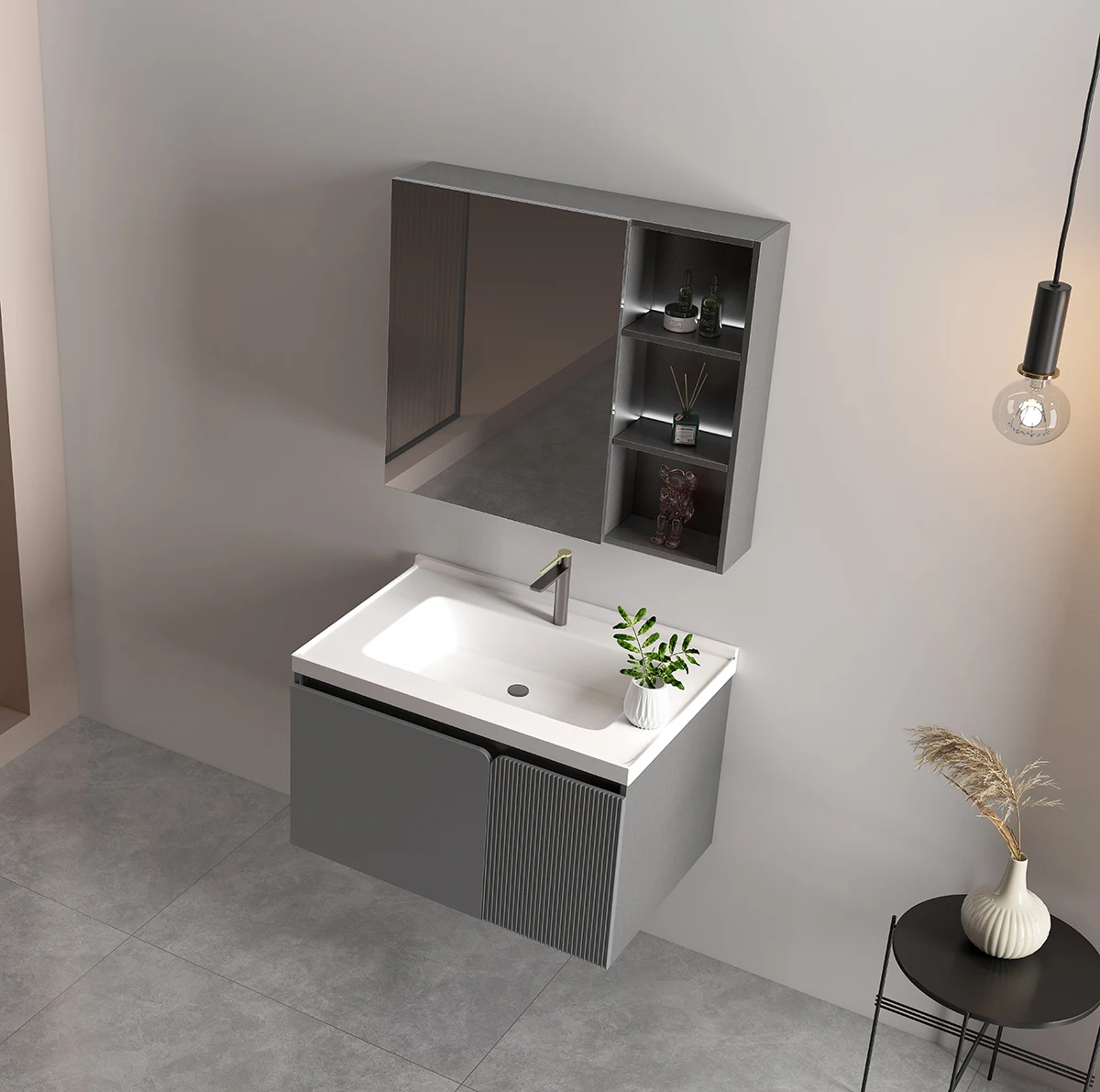 Euro style wall mounted ceramic basin hotel villa apartment plywood bathroom vanities with led mirror cabinet vanities