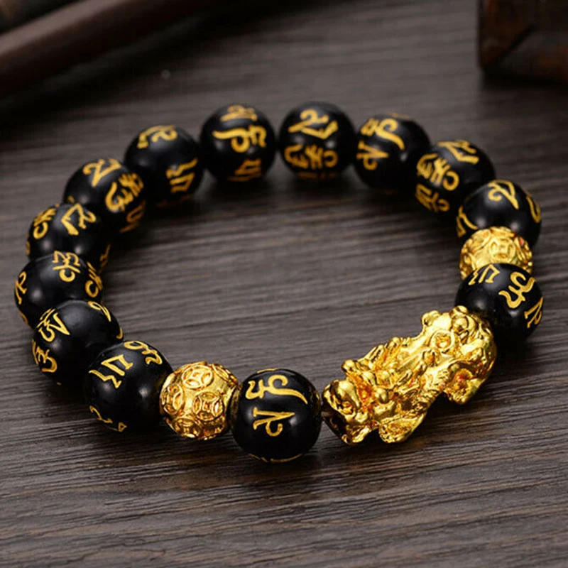 
XUNBEI Wristband Pixiu Bangles Good Luck Bracelet Feng Shui Black Obsidian Wealth Bracelet 