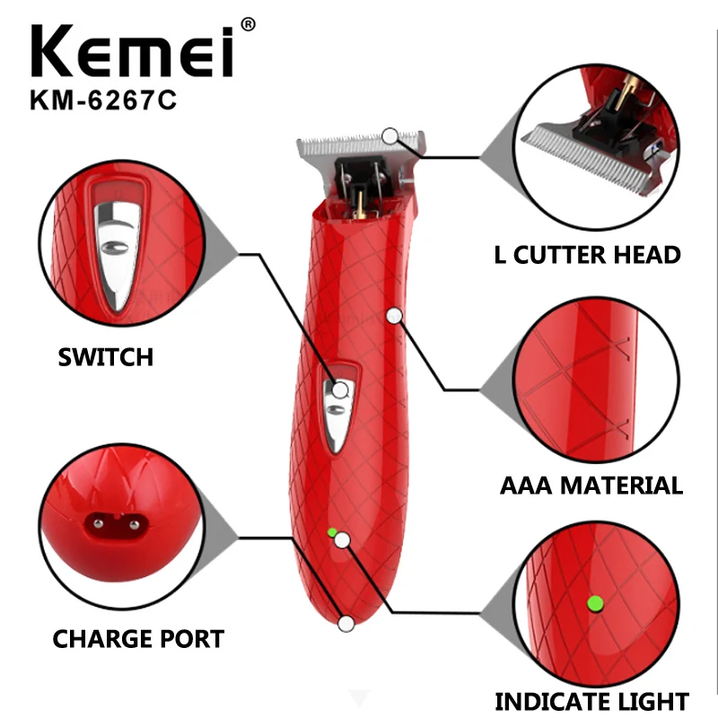 Kemei Cordless Close Hair Cutting Trimmer  Powerful Men Grooming 0mm Baldheaded Barbershop Detail Transparent Skeletons Body
