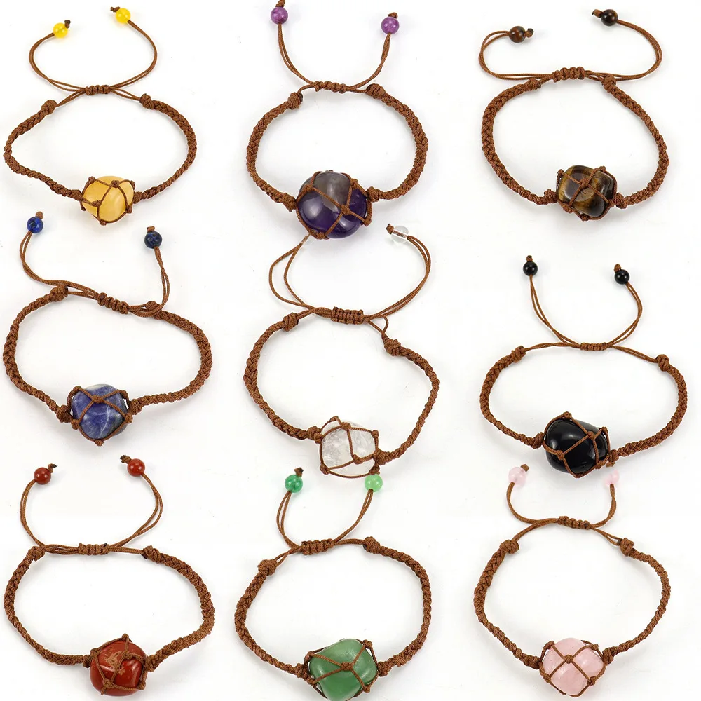 NUORO Hot New Natural Stone Crystal Raw Stone Bracelet Hand-woven Adjustable Rope Holder Mesh Net Pocket Stone Bracelets