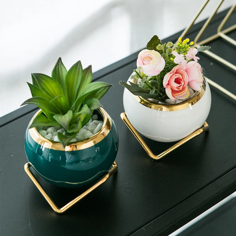 Wholesale Small Mini Simple Creative Succulent Planter With Metal Frame Combination Potted Porcelain Ceramic Plant Pots