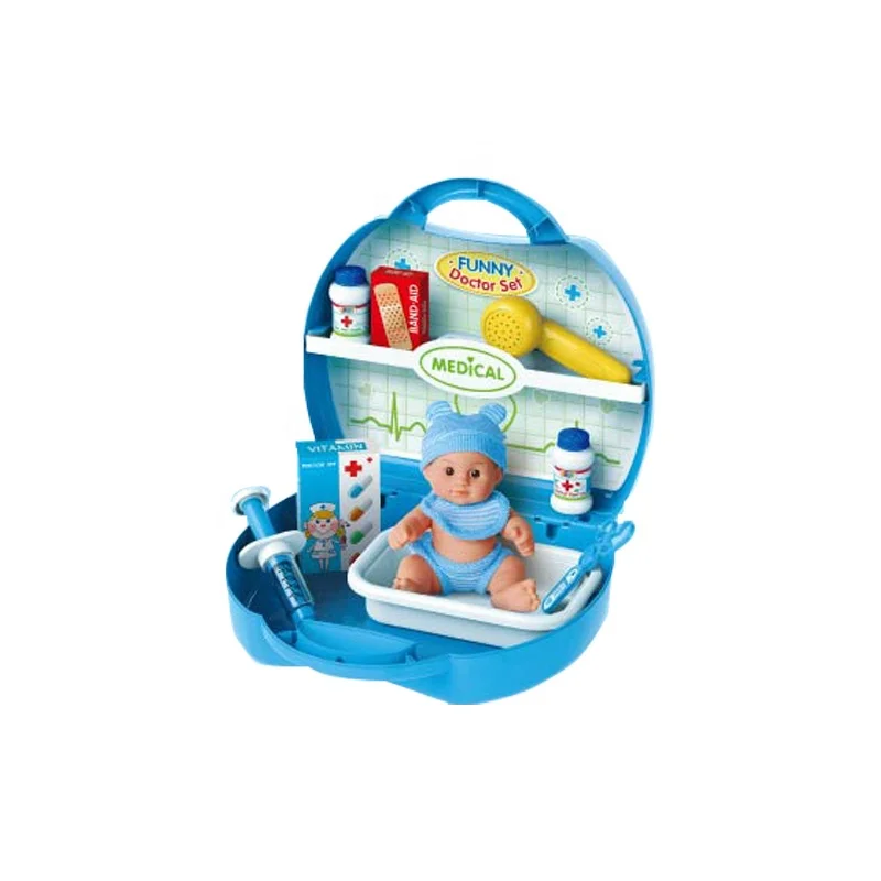 Blue suitcase child doctor 18 pieces plastic medical pretend toy set