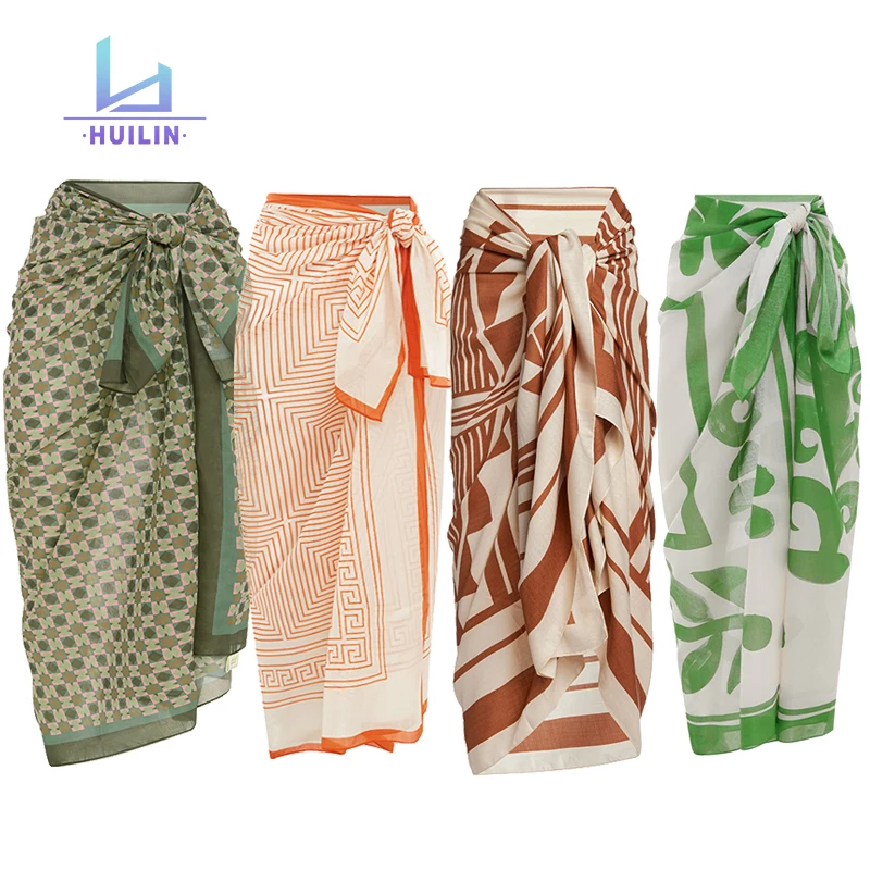 OEM Factory sheer mesh rayon summer sunscreen women custom logo floral print boho sarong cover up beachwear beach  pareo