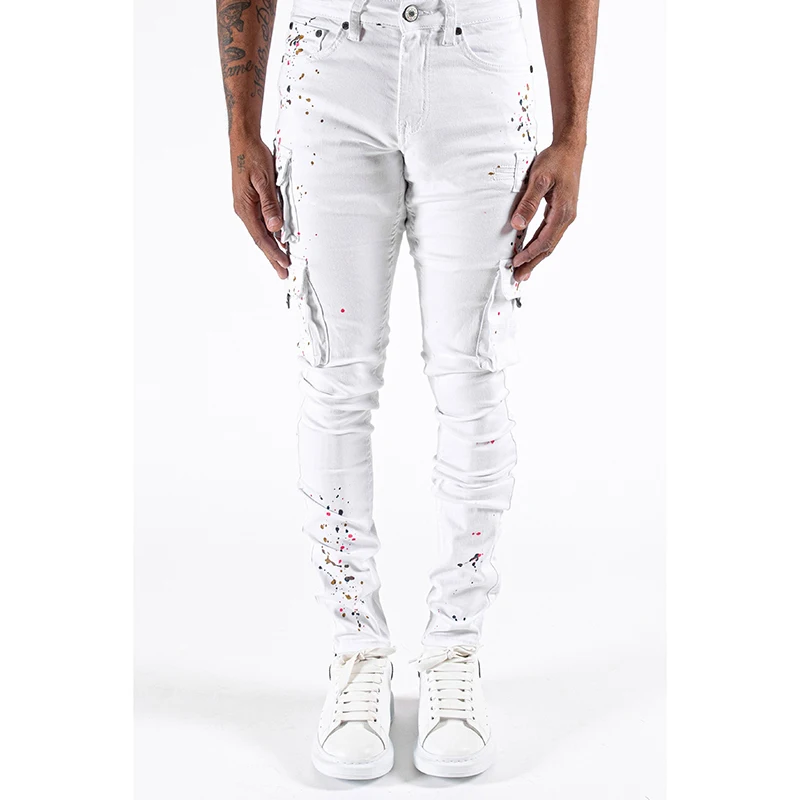 Hot selling plus size mens jeans trousers  elastic white cargo skinny denim pants juniors ripped jeans for men