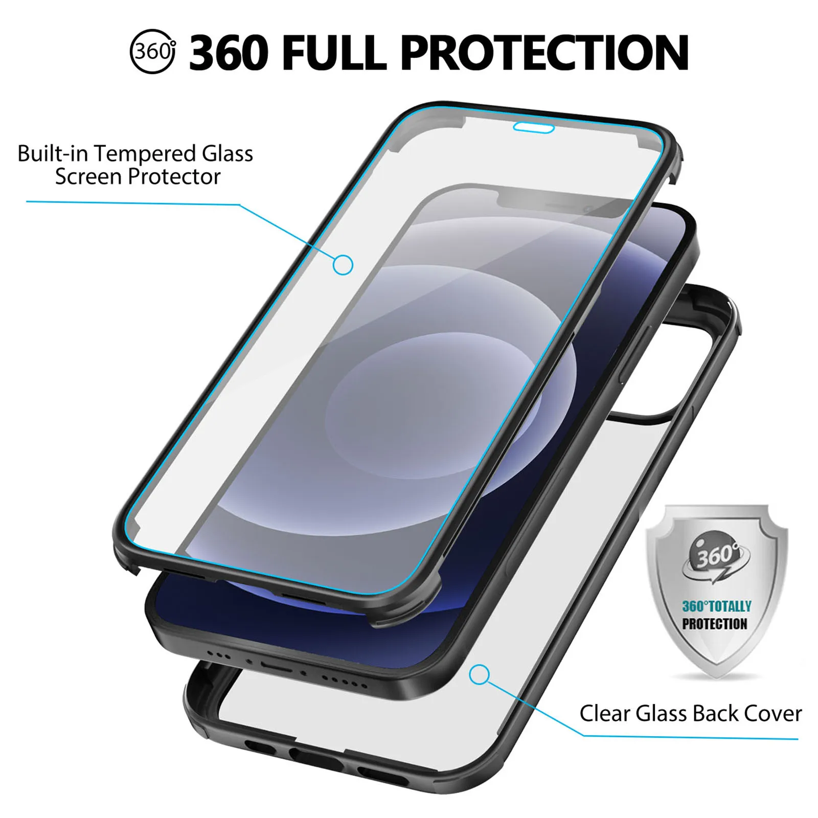 
Mobile cover Dual glass front+ back tempered Glass case 360 TPU bumper Full Protective cover phone case for iPhone 12/mini/pro 