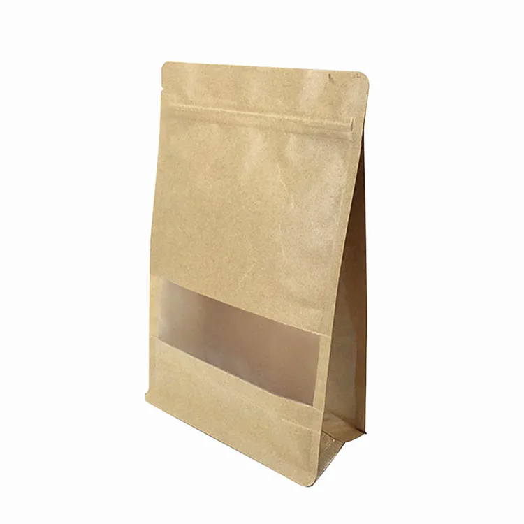 Recyclable flat bottom kraft paper bag food grade food storage 8 sided seal kraft zipper pouch with window