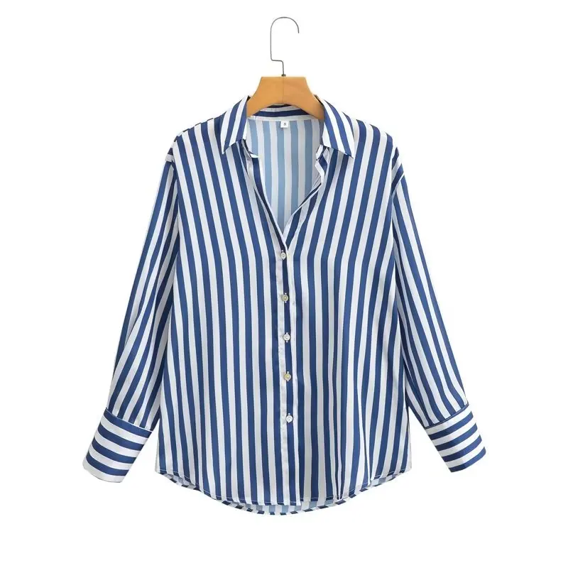 Striped print blue and white color long sleeve turn down collar casual shirts for women