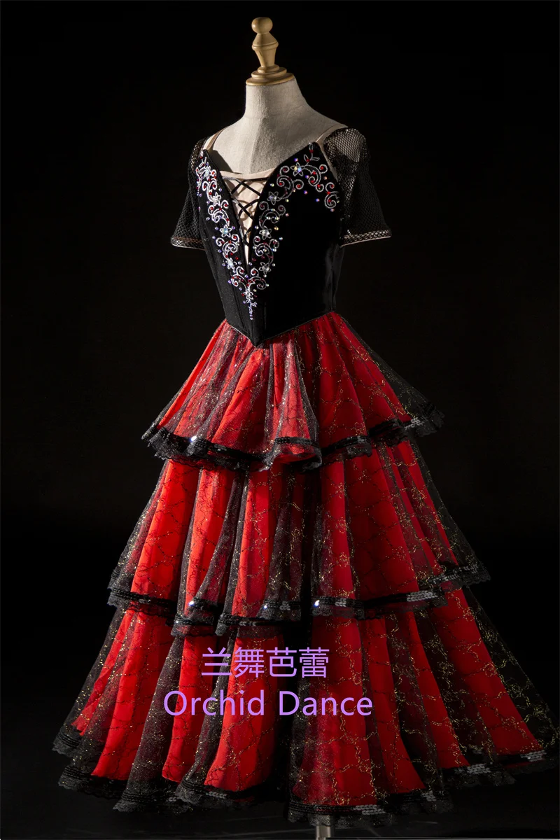 Новинка детская одежда для девочек и женщин взрослых испанских танцев балетные романтические красные черные костюмы-пачки