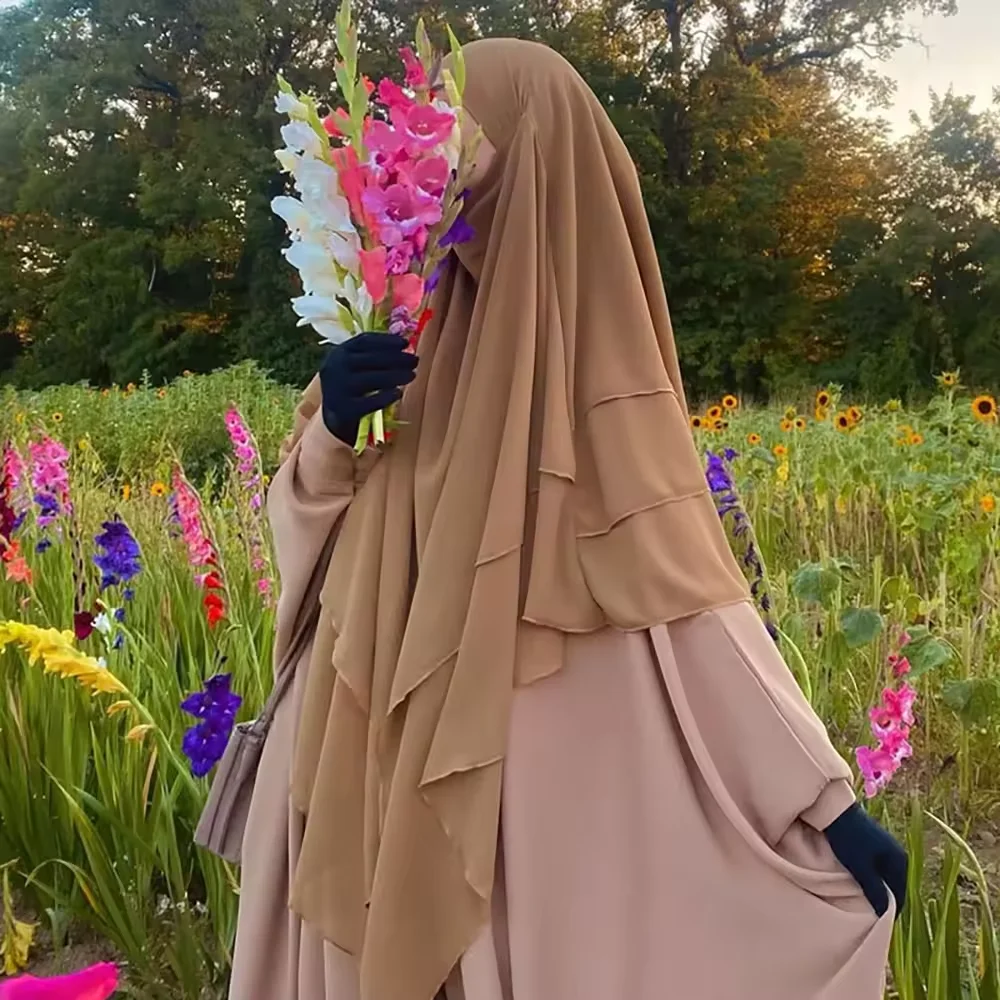 3 Layer Chiffon Khimar with Niqab Strings Long French EID Ramadan Muslim Women Hijab Islamic Clothing Wholesale Prayer Khimar