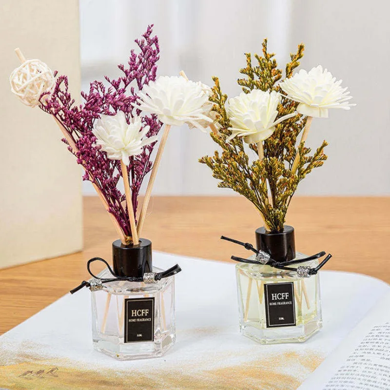 Luxury Home Decorative Aromatherapy Essential Oil Fragrance Perfume Crystal Glass Bottle Dried Flower Reed Diffuser