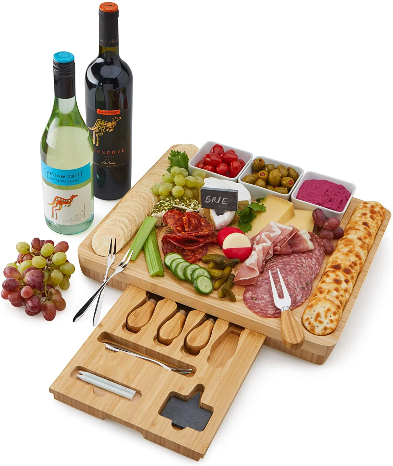 Bamboo Wooden Cheeseboard Large Cheese Board Set Charcuterie with Ceramic