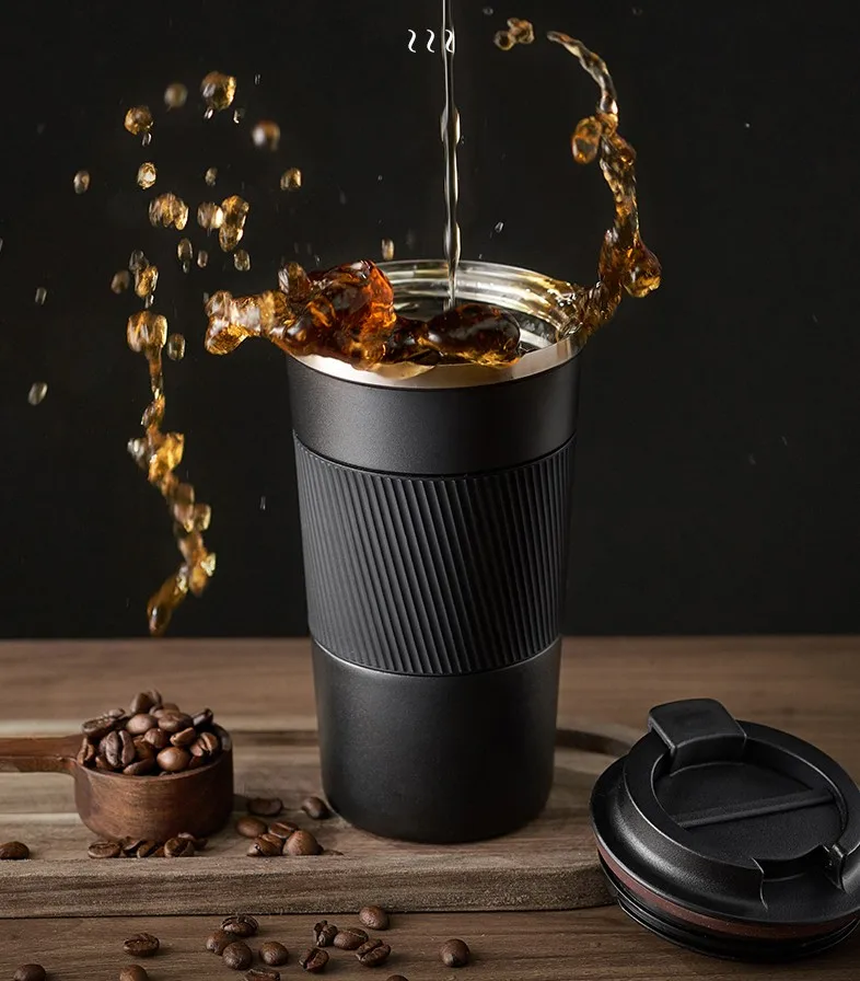 Seaygift customized stainless steel black thermos coffee mugs logo print double walled tumblers mug with silicone sleeve