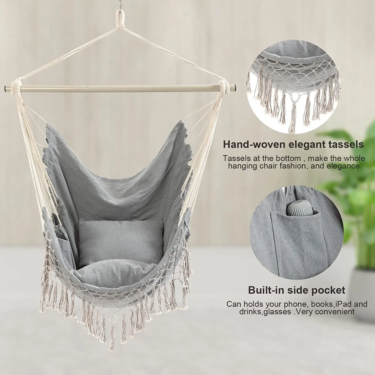 Hammock Chair Hanging Chair Swing Chair for Bedroom Indoor Outdoor with Iron bar