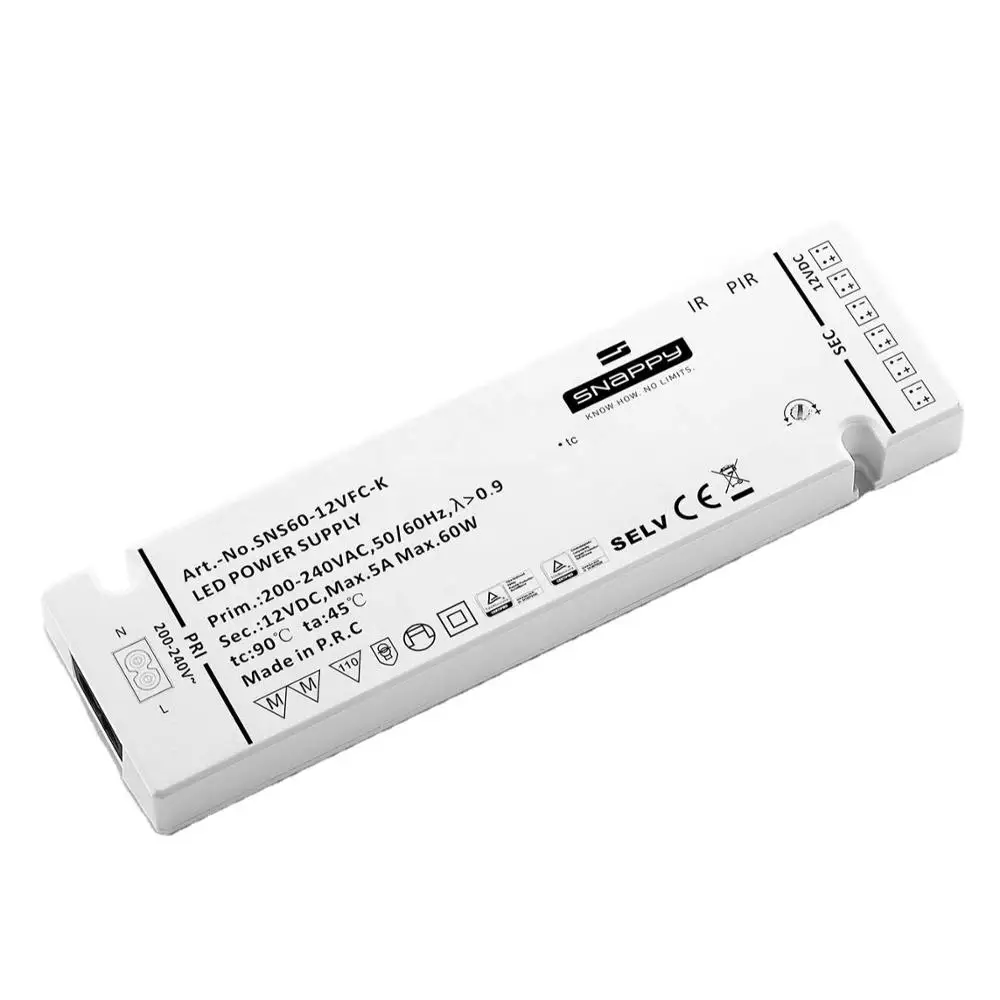 SNS60-12VFC Input 200-240VAC 60W 12V/24V IP PIR IP20 plastic case CV super slim SNAPPY 6way built in connector LED Driver